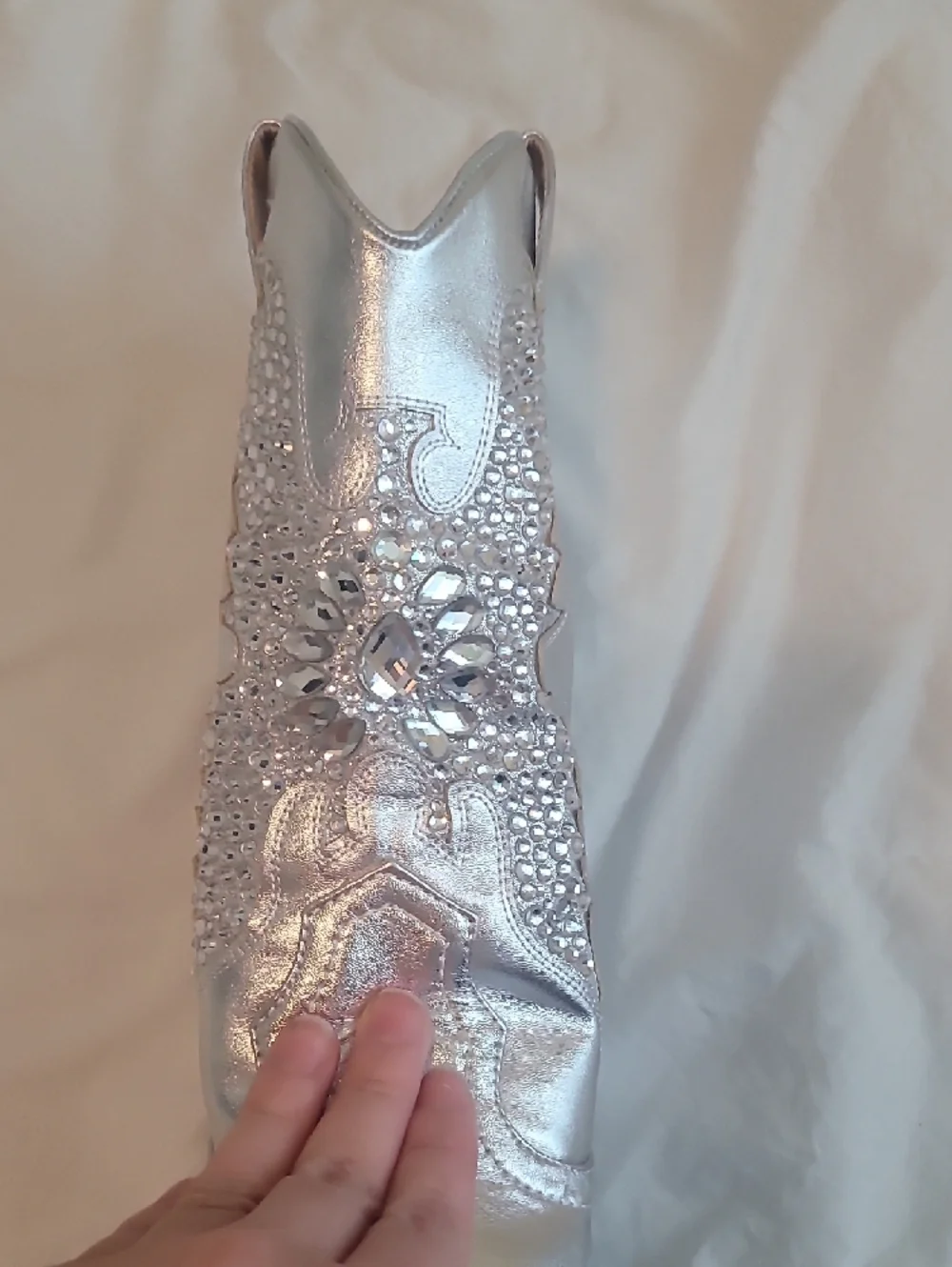 Silver Western-Style Mid-Calf Boot with Embellished Stitching - Picture 4 of 7